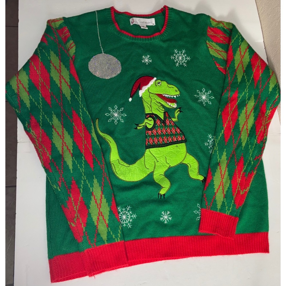 Jolly Sweaters L T-Rex Dinosaur Ugly Christmas Sweater Green Argyle Disco Ball